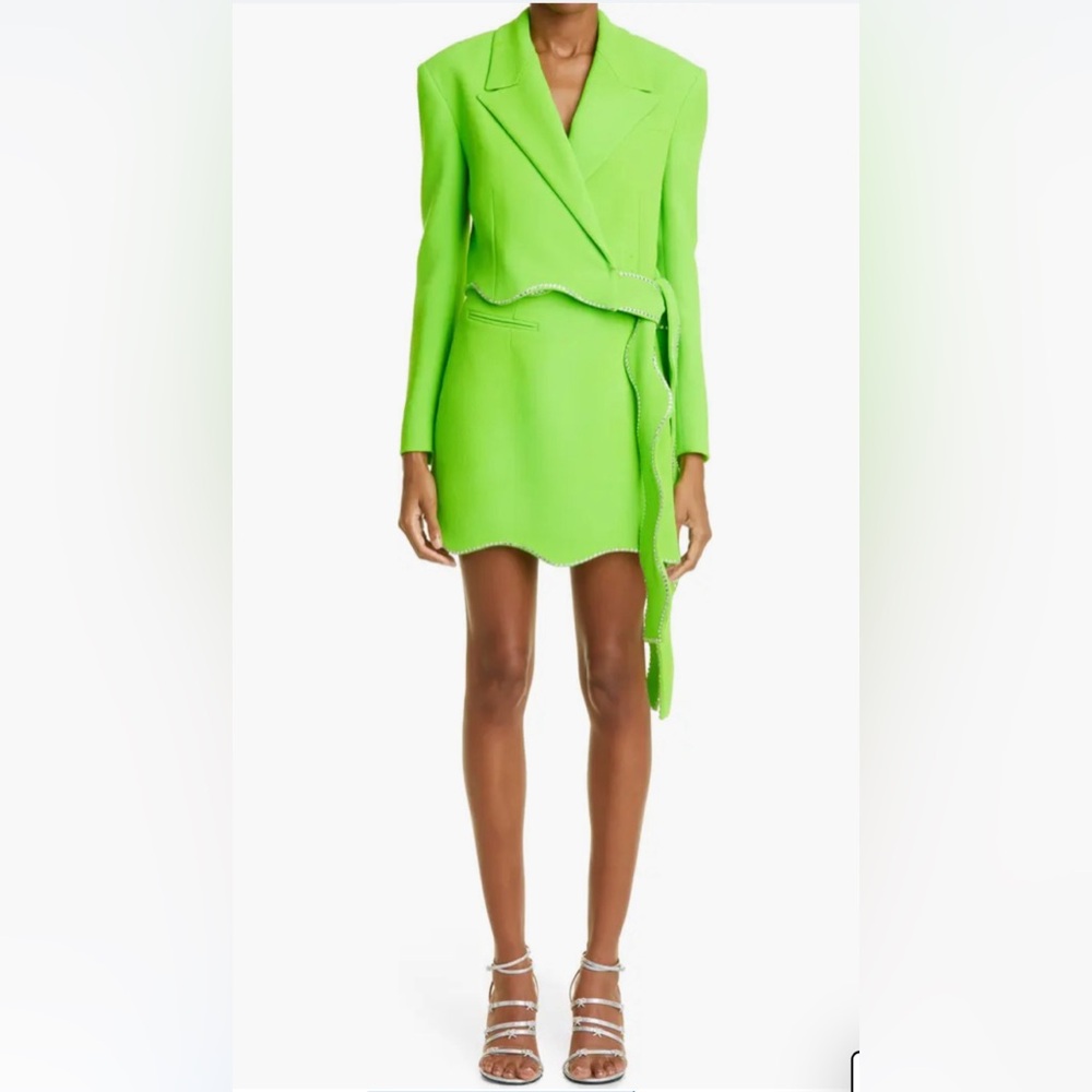 MACH & MACH Crystal Trim Crop Wool Wrap Blazer In Green